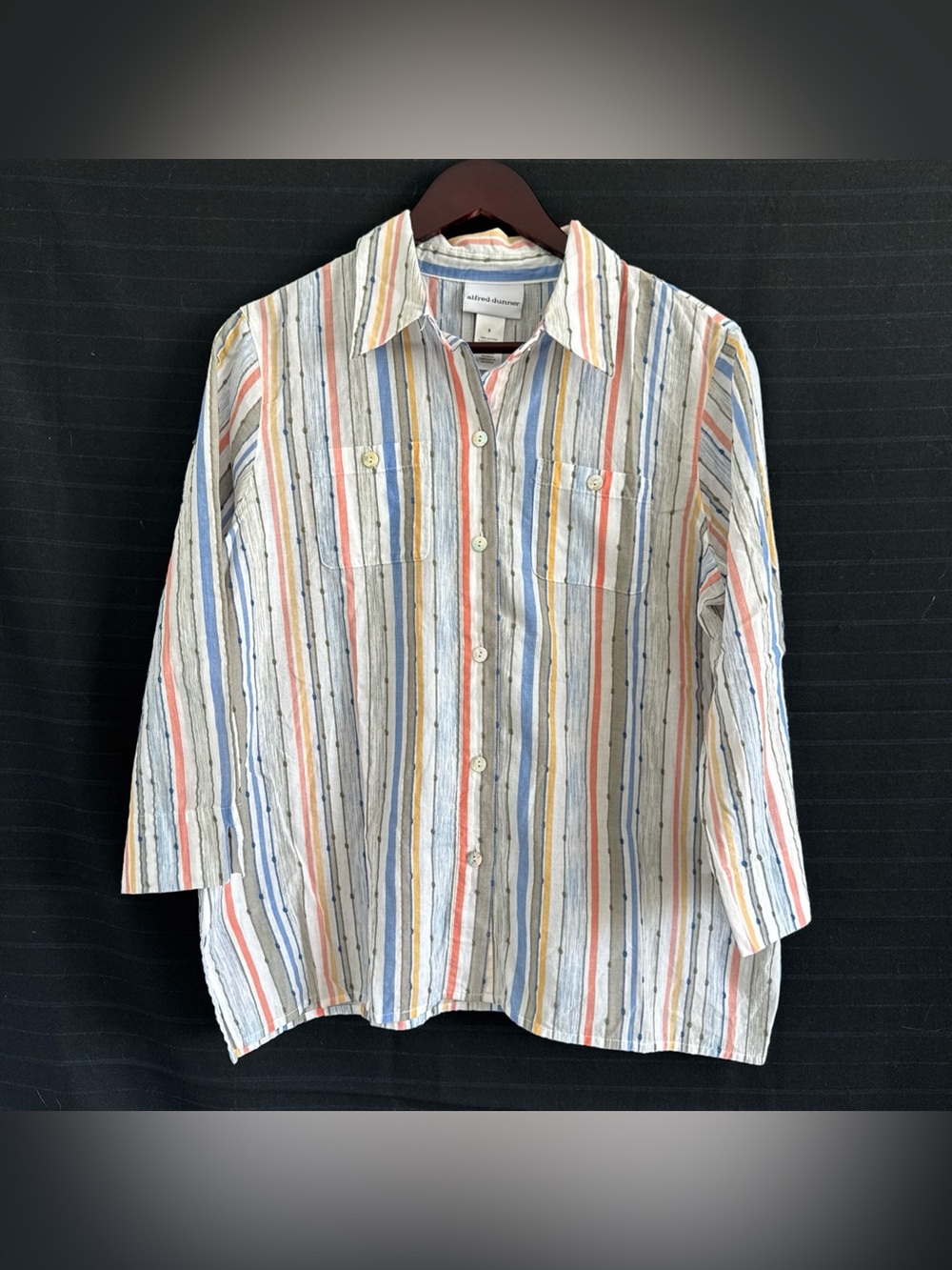 Alfred Dunner White Blue Green Stripes Button Front Shirt Small 3/4 Sleeve